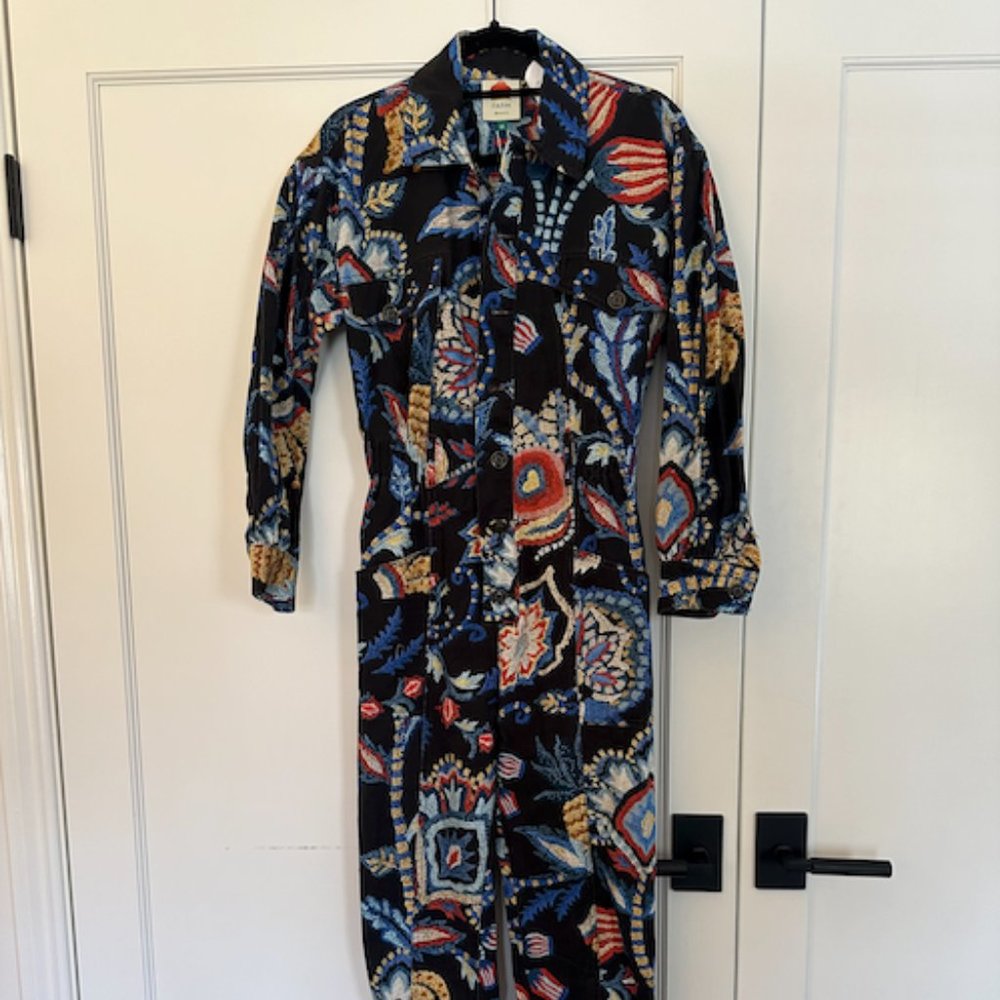 FARM Rio Sunset Tapestry Black Jumpsuit XS Cotton Denim Printed